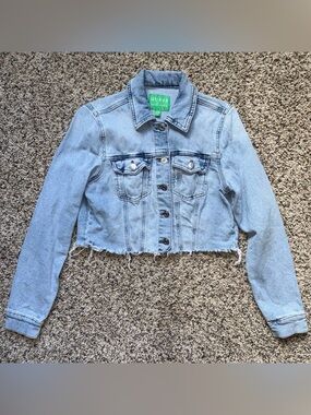 Guess Los Angeles Cropped Light Wash Denim Jacket Pink Back Logo Size XS